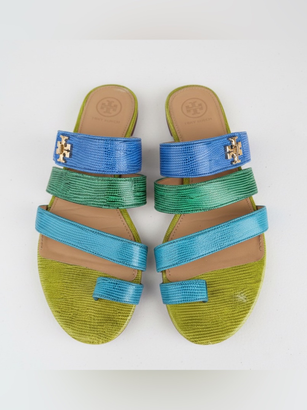 Tory Burch Kira Toe Ring Sandals Blue Green Leather Size 8 M